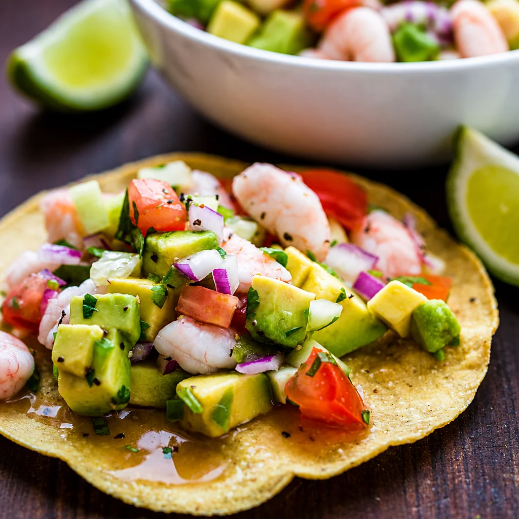 Plate of authentic ceviche with shrimp, lime, avocado, and fresh vegetables.