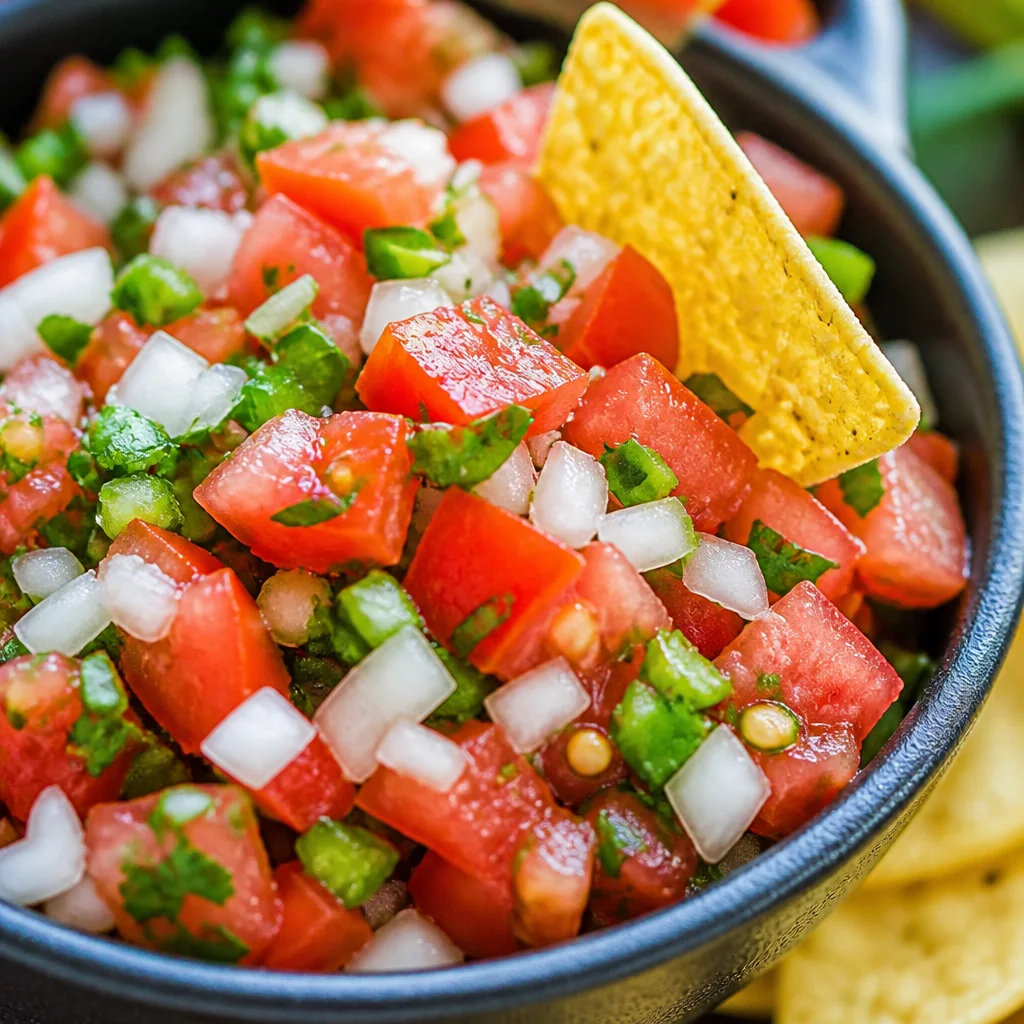Bowl of authentic pico de gallo made with fresh ingredients and vibrant colors.