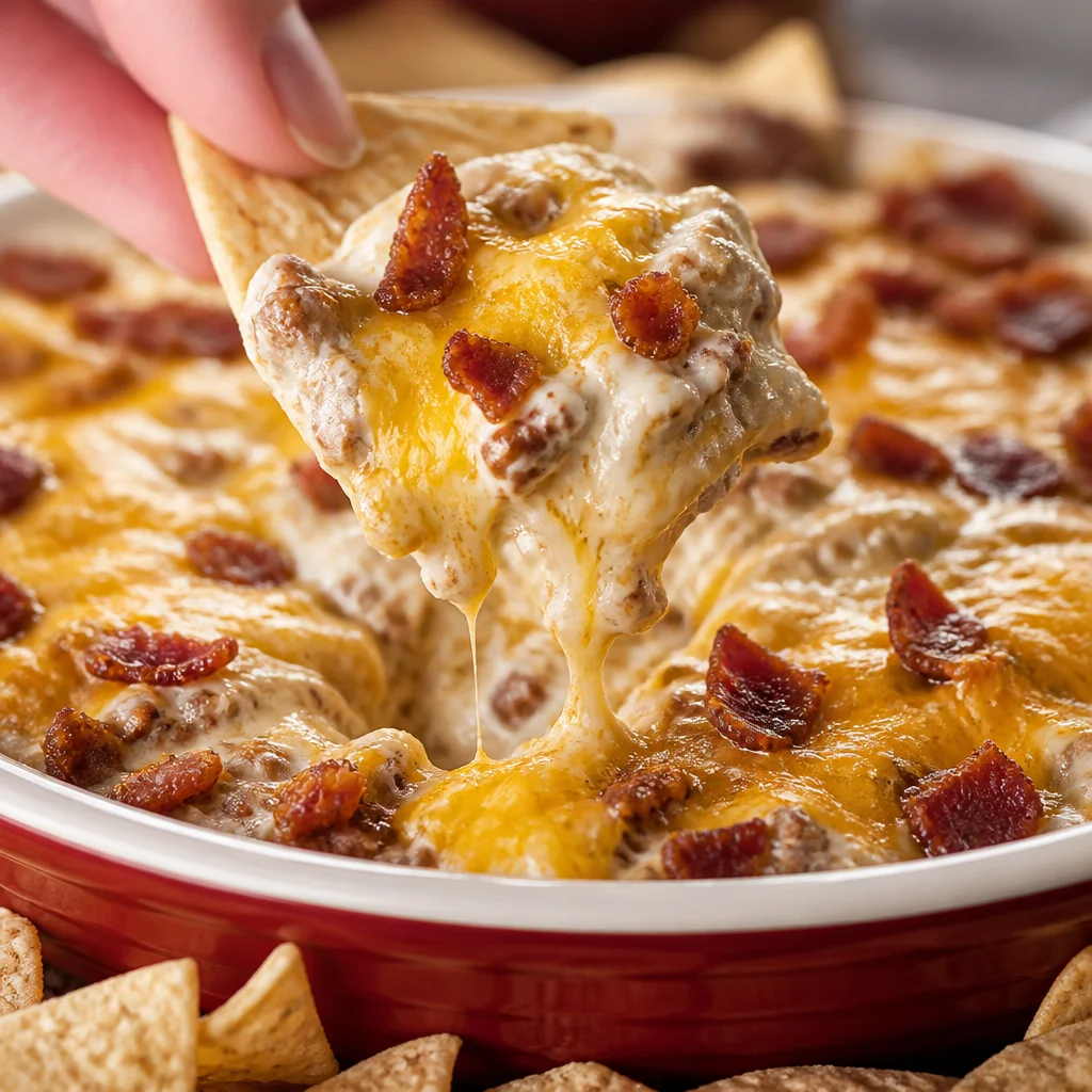 Creamy Bacon Cheeseburger Dip topped with crispy bacon and melted cheese.