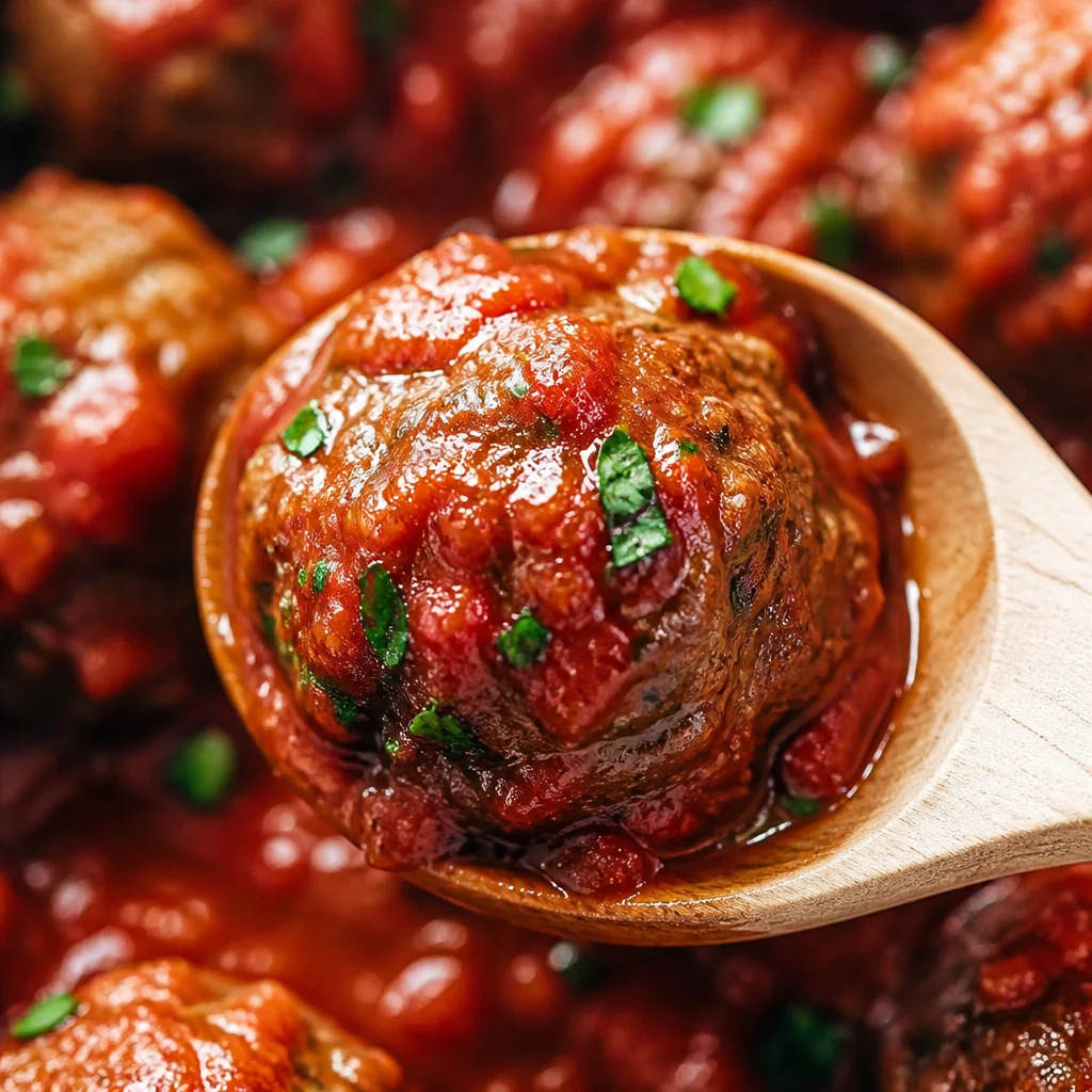 Baked Stuffed Meatballs with Marinara in a white bowl, garnished with fresh basil.