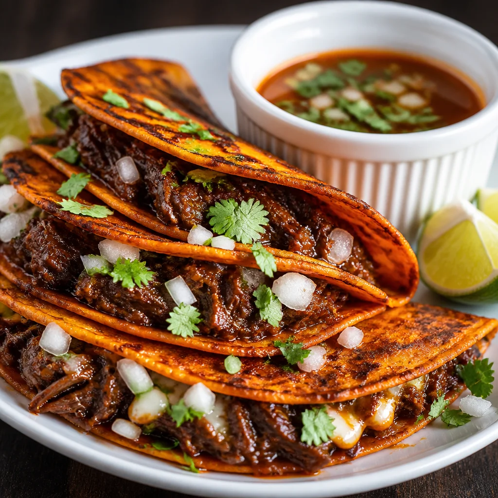 Delicious Birria Tacos with Consomé dipping sauce featuring melted cheese and tender beef.