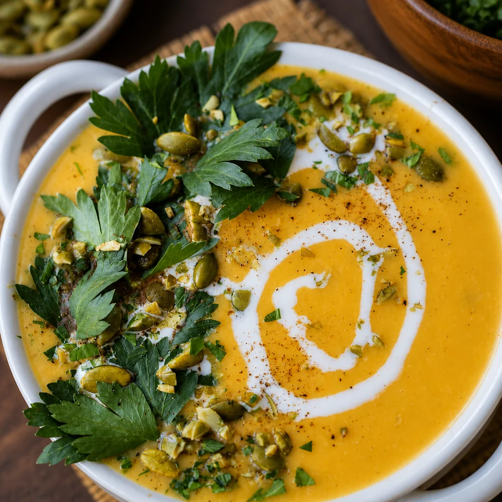Creamy Butternut Squash Soup with Coconut Milk in a bowl, garnished with herbs.