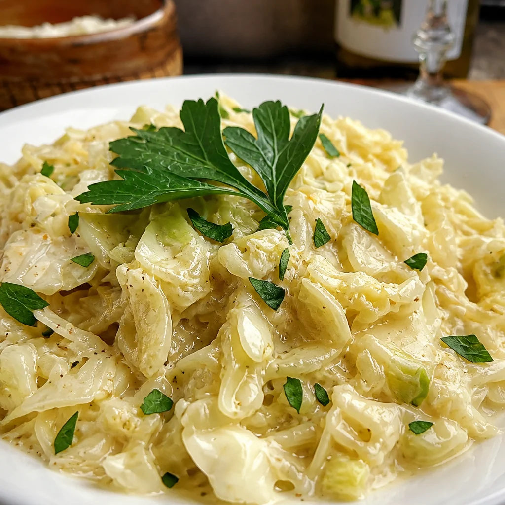 Creamy Cabbage Alfredo Pasta dish featuring sautéed cabbage noodles with rich Alfredo sauce.