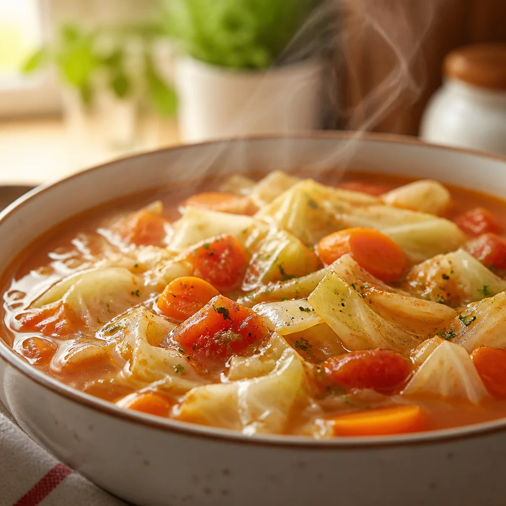 Healthy and flavorful Cabbage Soup Diet Recipe loaded with fresh vegetables and spices.
