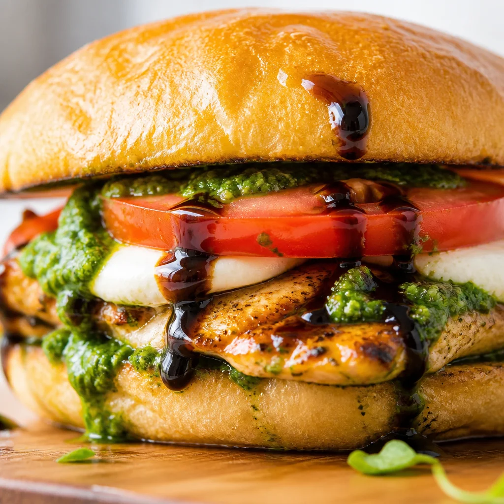 Delicious Caprese Grilled Chicken Sandwich with mozzarella, basil, and tomatoes on ciabatta bread.