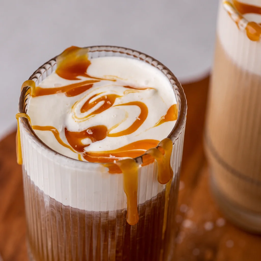 Caramel Cold Foam Iced Coffee topped with creamy caramel foam and cold brew coffee.