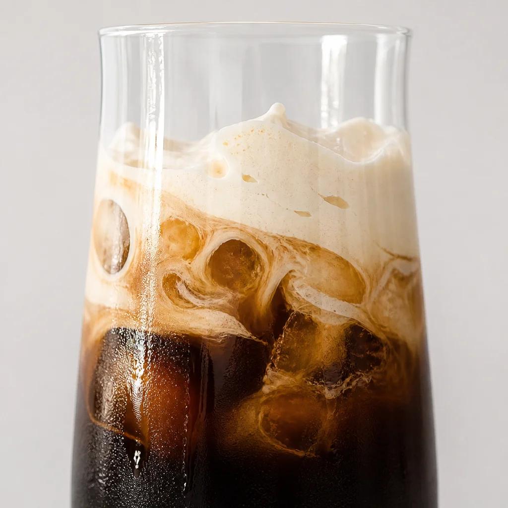 Chilled Einspänner Coffee topped with creamy whipped cream and cocoa powder in a glass.