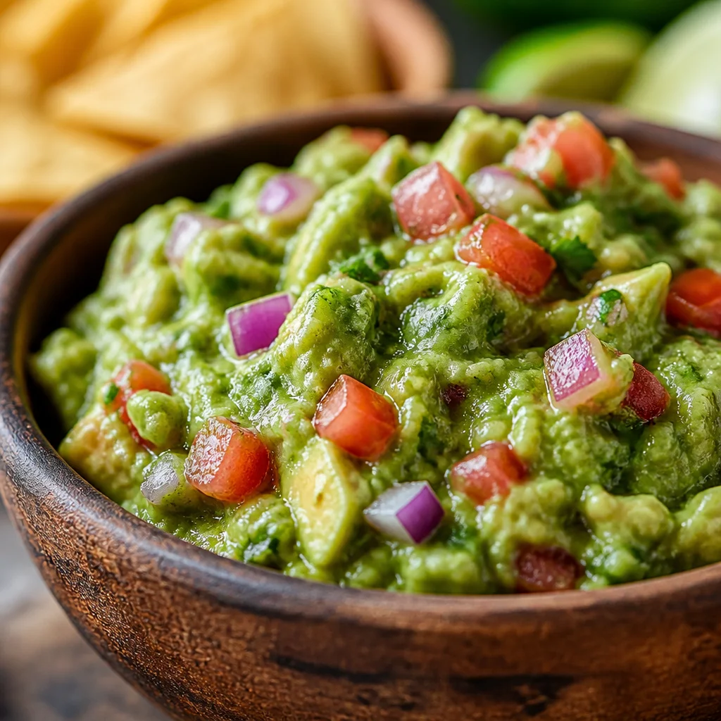 Bowl of homemade guacamole with tortilla chips ready to be served as a Mexican appetizer.