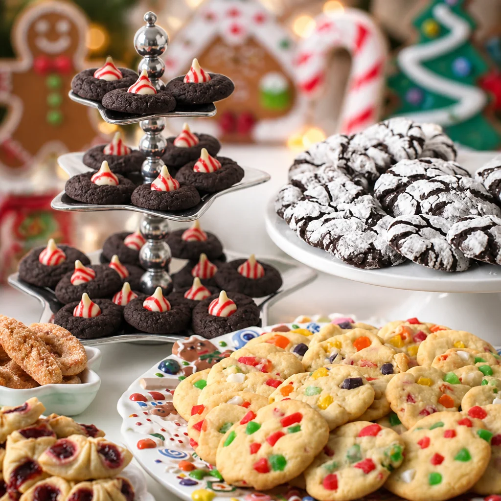 A cozy Christmas cookie exchange setup with decorated tins and assorted cookies.