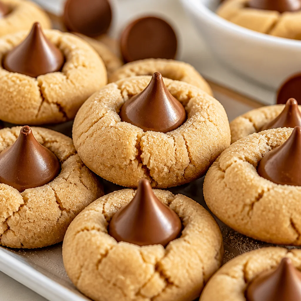 Delicious Christmas Cookies Peanut Butter Blossoms with chocolate kisses on top.