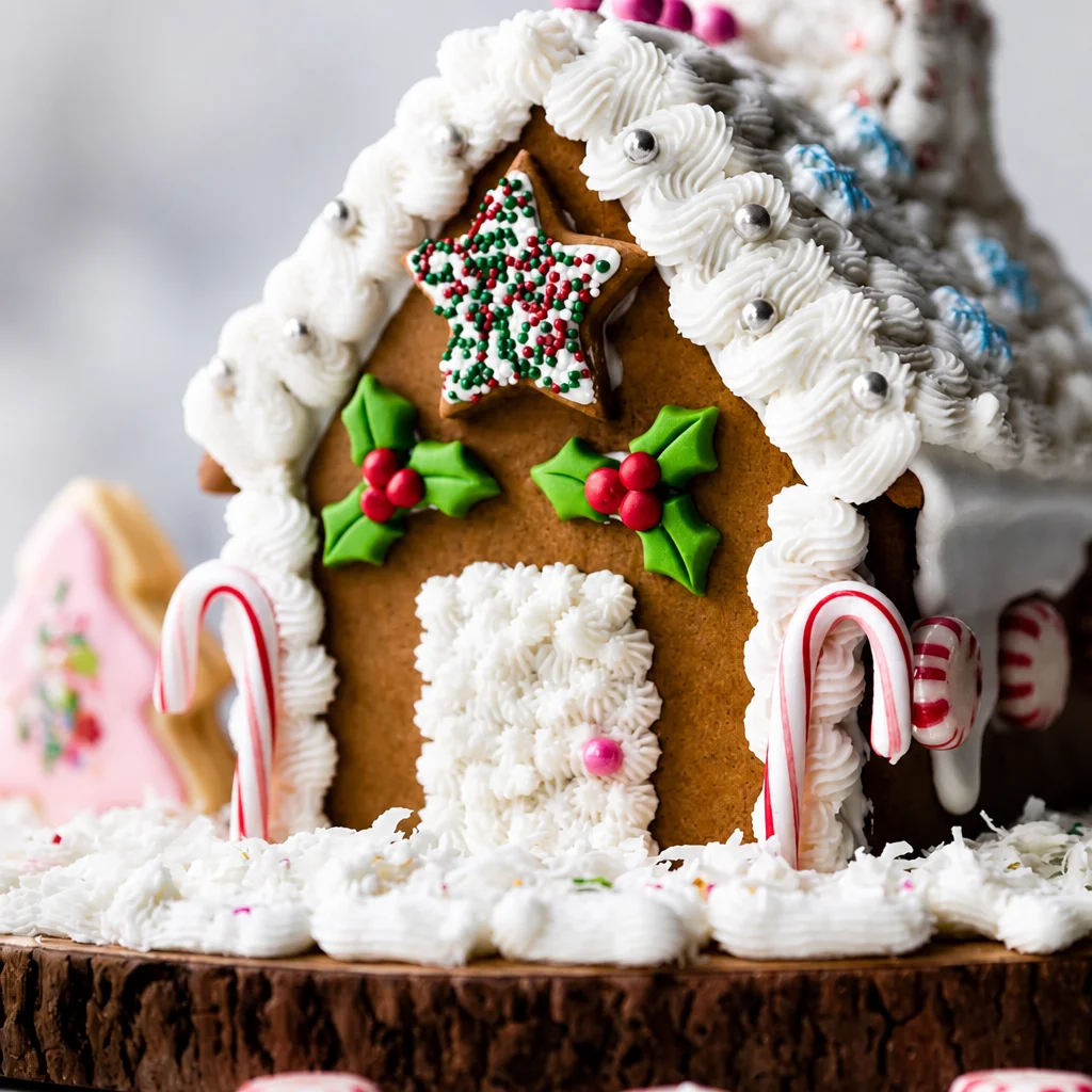 Homemade Christmas Gingerbread House with intricate decorations on a festive table.