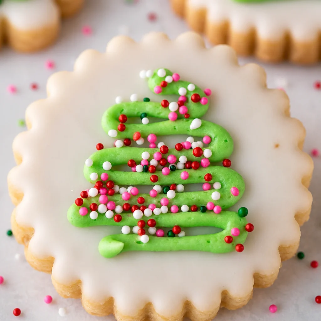 Decorated Christmas Shortbread Cookies with Icing in festive shapes and colors.