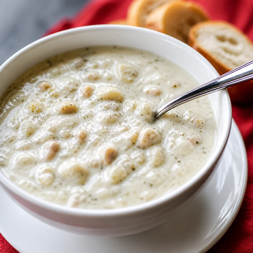 Bowl of thick and creamy New England Clam Chowder with clams, potatoes, and bacon.