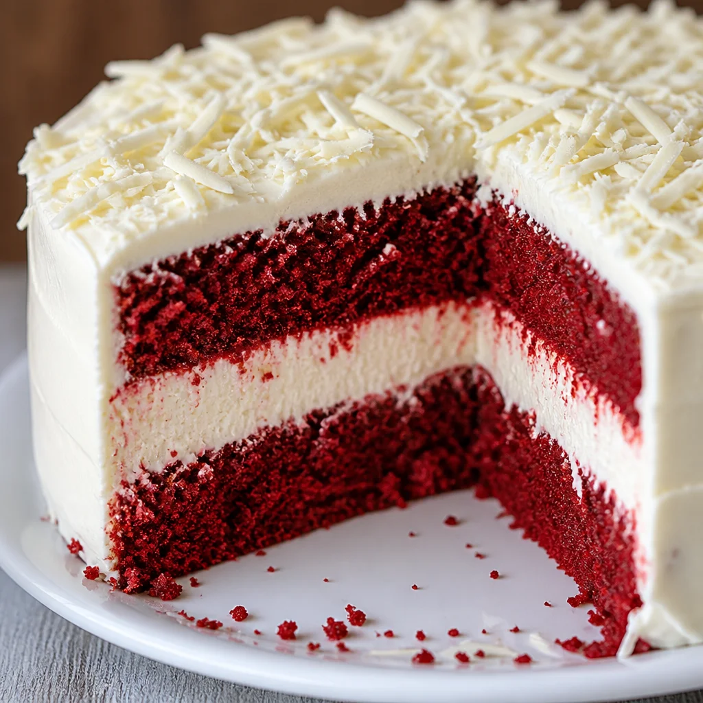 Slice of Copycat Cheesecake Factory Red Velvet Cheesecake topped with cream cheese frosting.