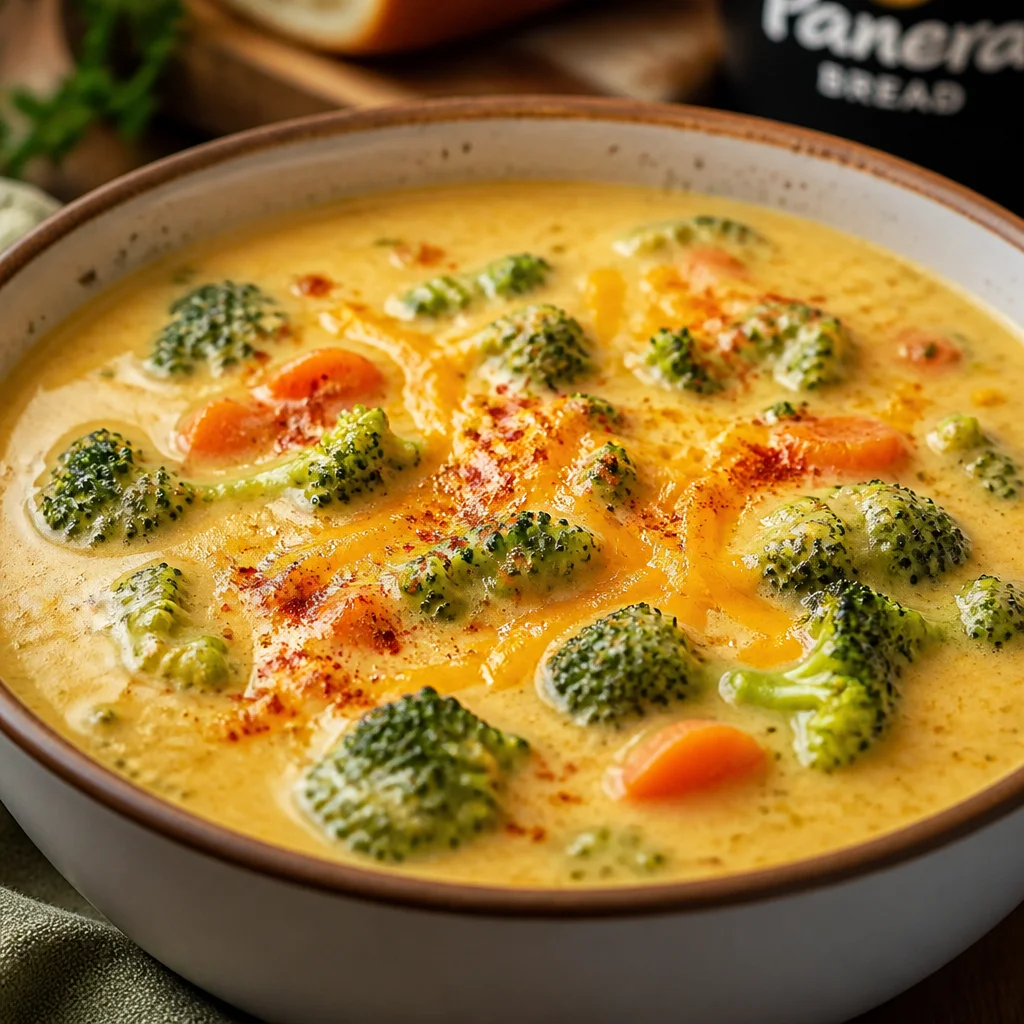 Delicious Copycat Panera Broccoli Cheddar Soup served in a bowl with fresh ingredients.