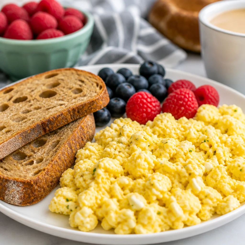 Creamy and fluffy cottage cheese scrambled eggs, a high-protein breakfast dish.