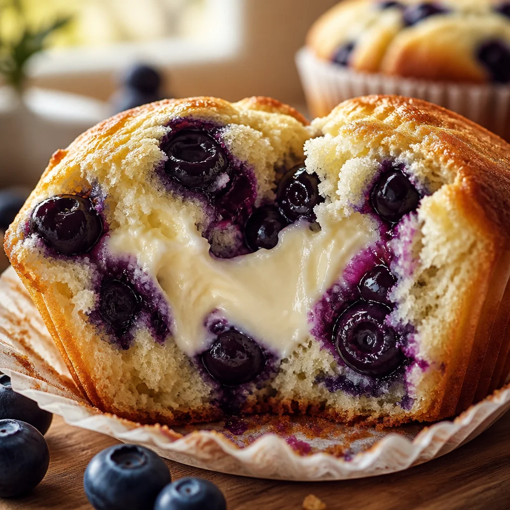 Cream Cheese Stuffed Blueberry Muffins with a sweet cream cheese filling and blueberry topping