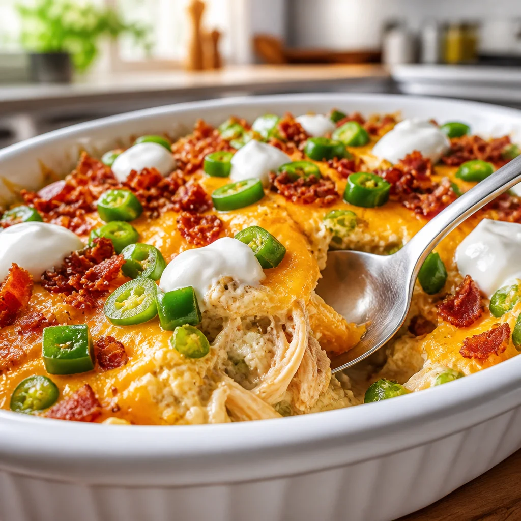 Creamy Jalapeño Chicken Casserole topped with cheese and jalapeños.