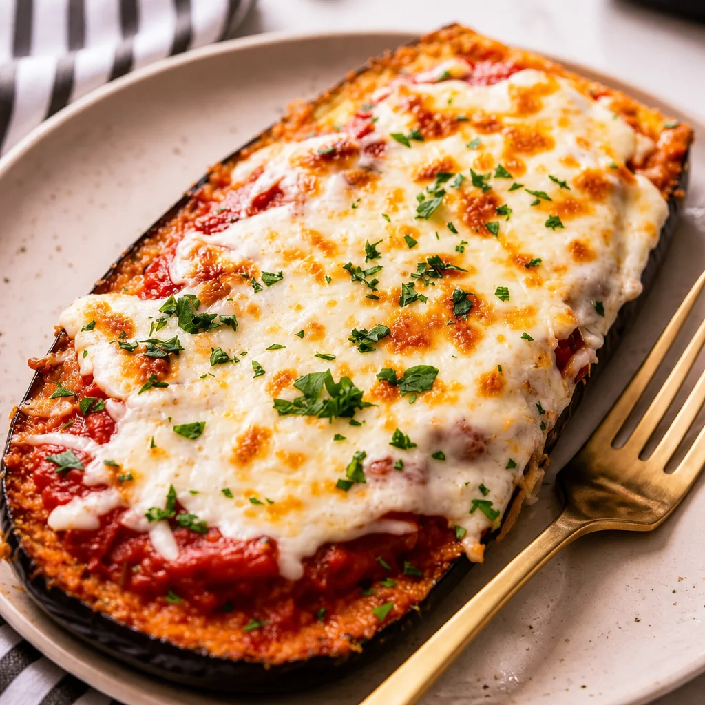 Crispy Eggplant Parmesan served with tomato sauce and melted cheese