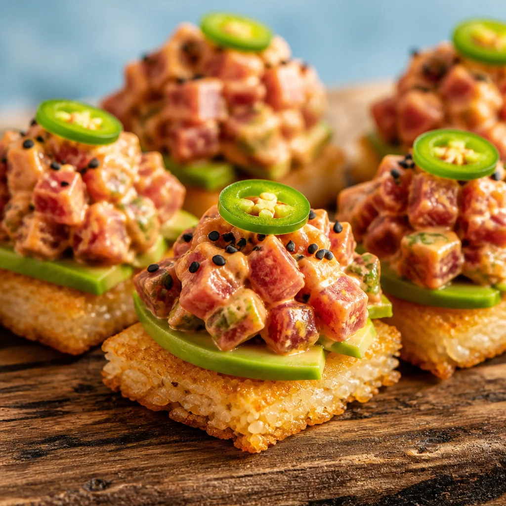 Crispy Rice Spicy Tuna Bites topped with creamy spicy tuna and eel sauce.