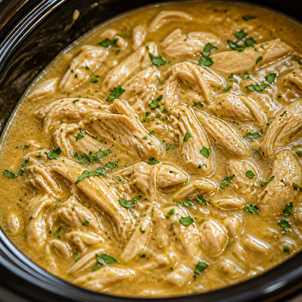 Crock Pot Chicken and Gravy Over Rice served in a bowl with a spoon.