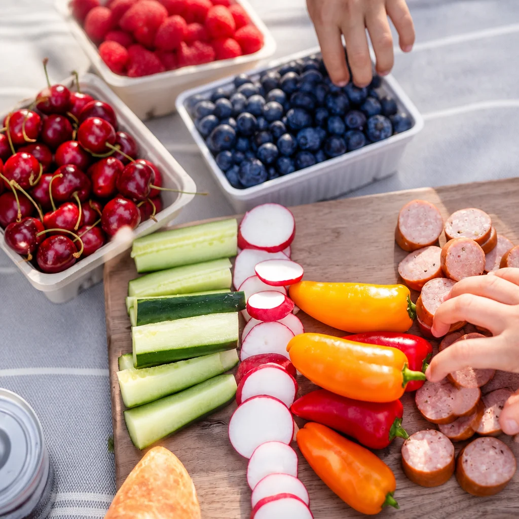 A vibrant picnic spread featuring easy no-fork snacks, perfect for outdoor gatherings.