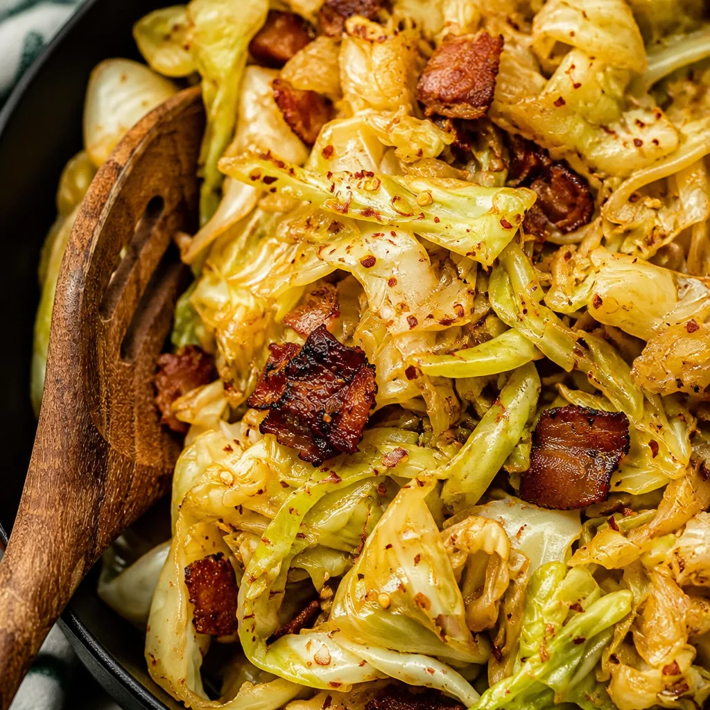 Plate of fried cabbage with bacon and onion, a delicious southern dish