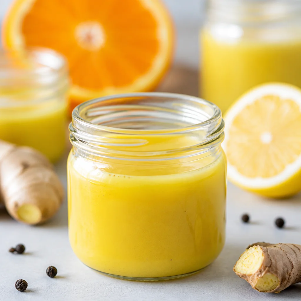 Ginger Lemon Turmeric Shot being poured into a glass, showcasing vibrant ingredients.