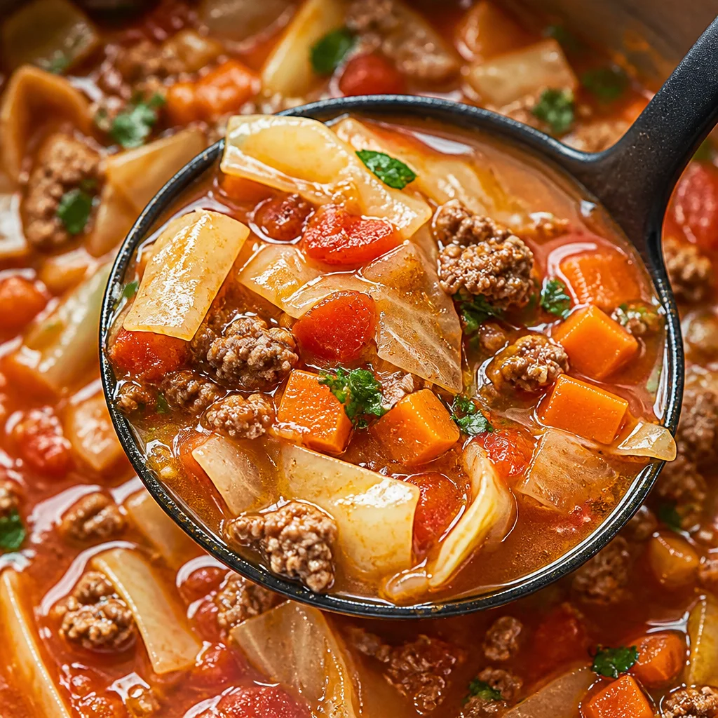Bowl of Golumpki Soup featuring cabbage, ground beef, and rice in a savory broth.