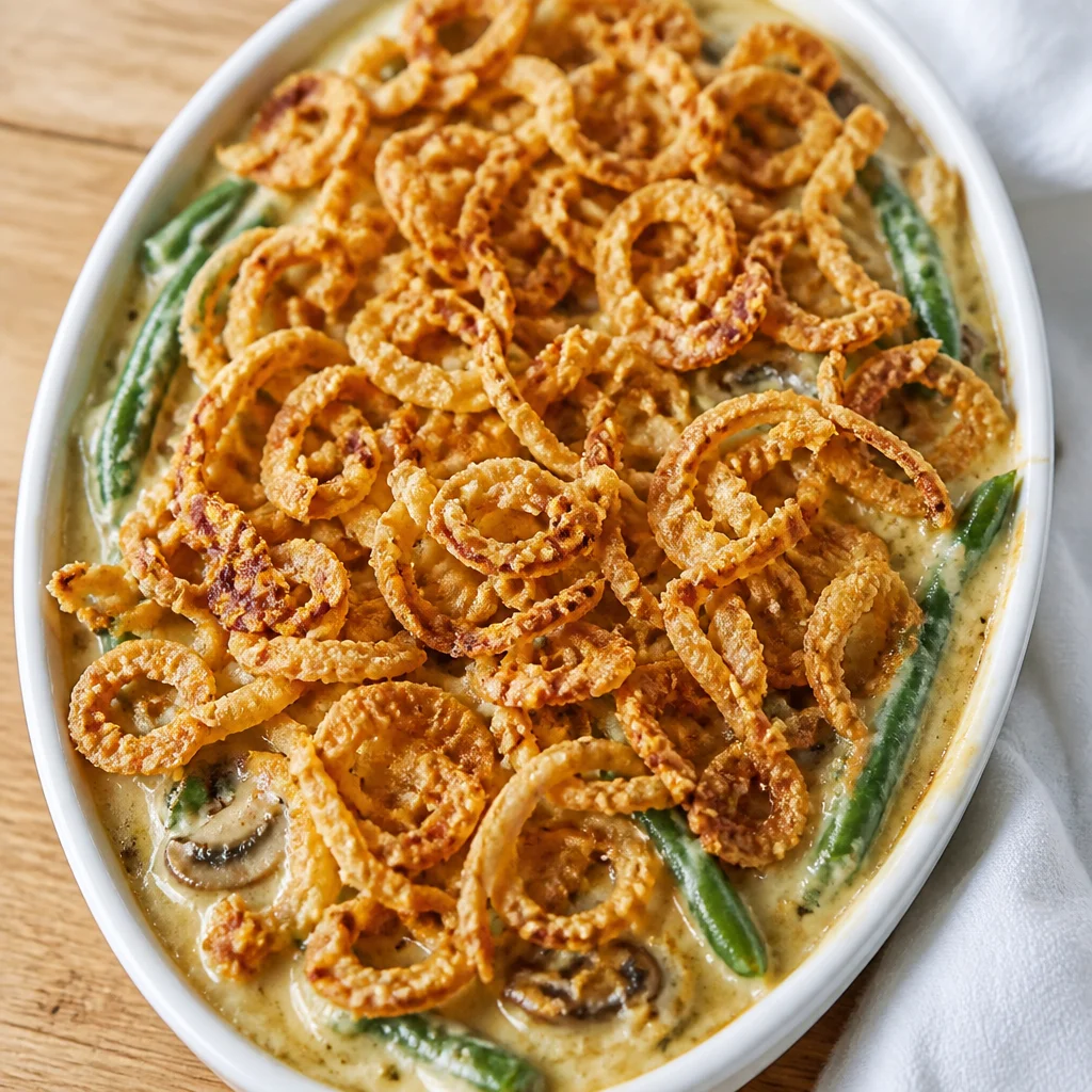 Homemade Green Bean Casserole From Scratch with fresh ingredients and fried onions