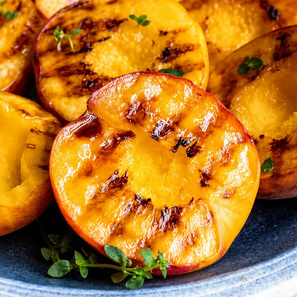 Grilled peaches with mascarpone and honey drizzled on top, perfect summer dessert.