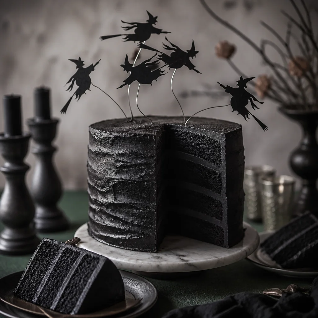 Moist Halloween Black Velvet Cake with rich chocolate buttercream frosting