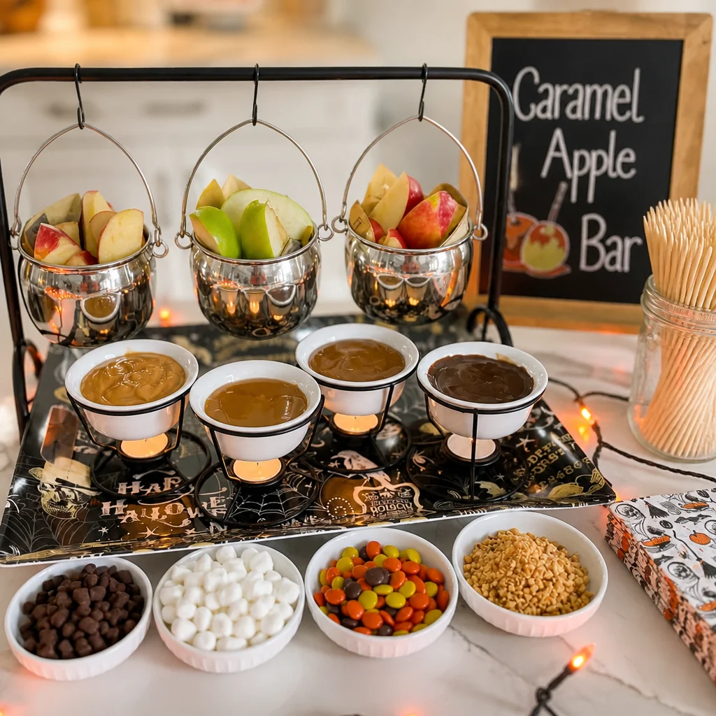 DIY Halloween Caramel Apple Bar setup with fresh apples and diverse toppings.