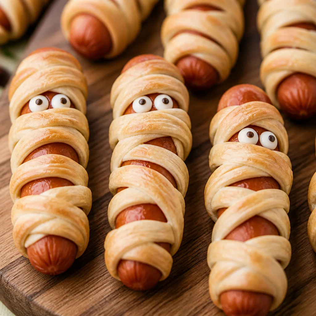 Halloween Mummy Hot Dogs wrapped in crescent rolls, a fun Halloween appetizer.
