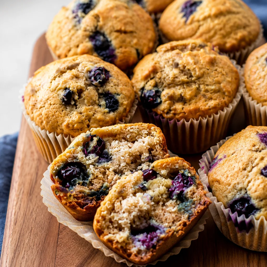 High Fiber Blueberry Muffins with whole wheat and oats for a healthy snack.