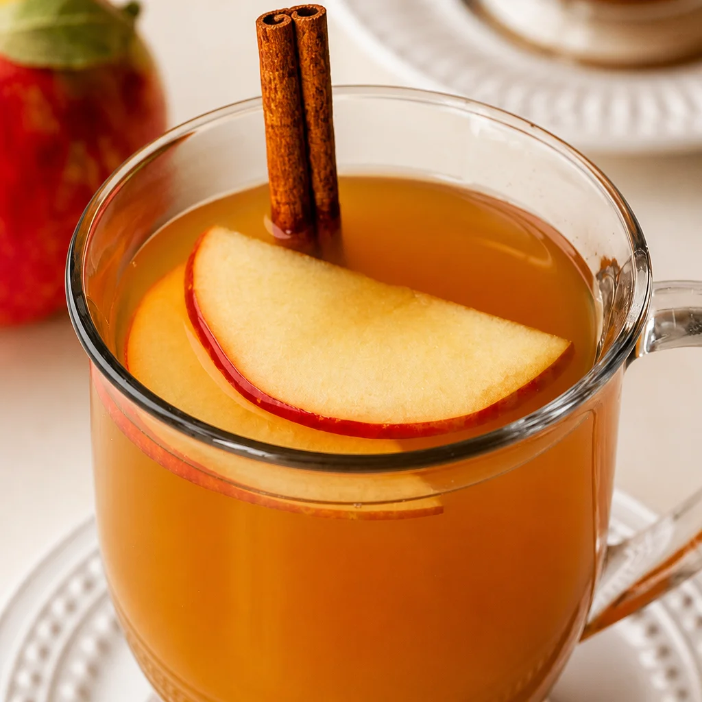 Fresh homemade apple cider from scratch with spices and fresh apples.