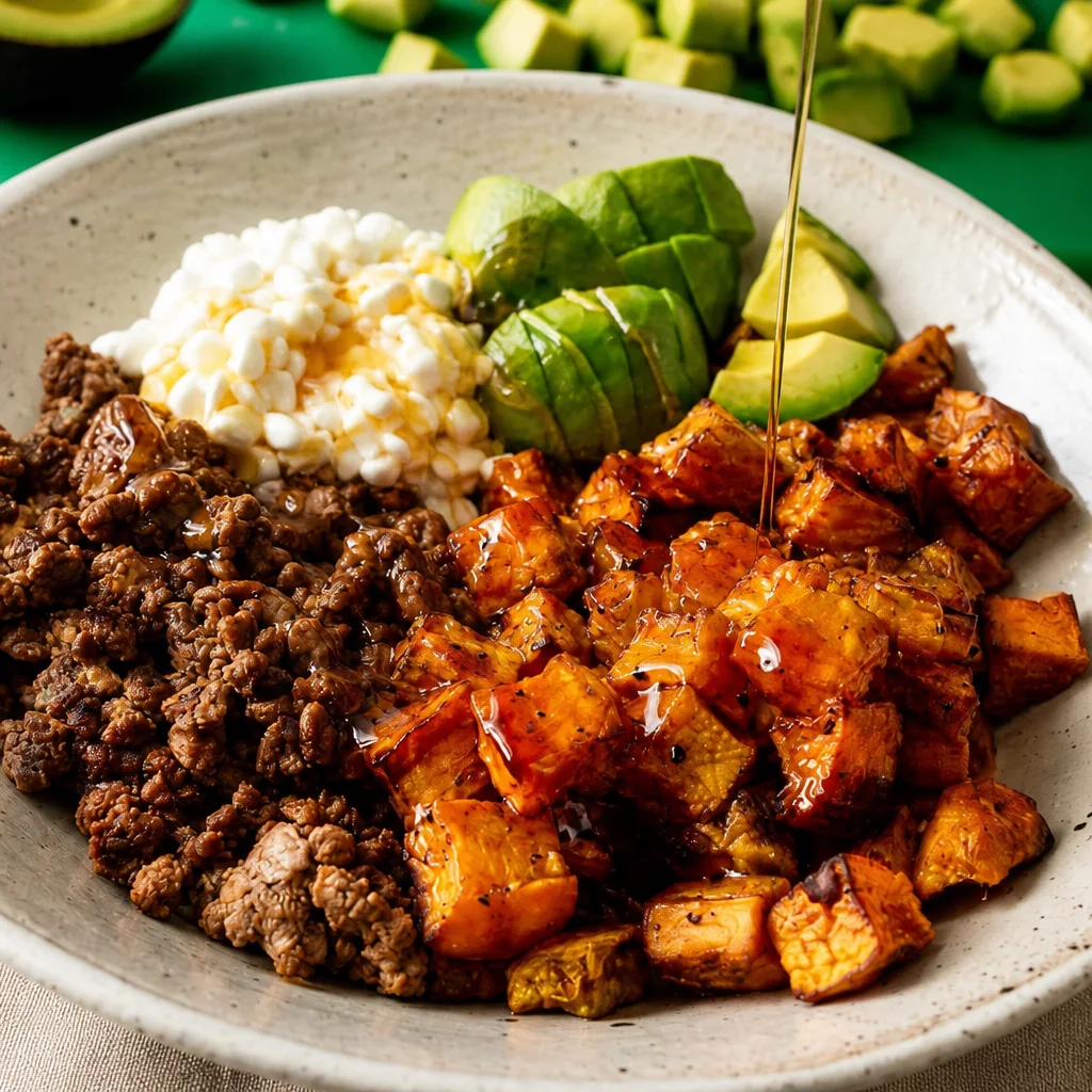 Hot Honey Cottage Cheese Sweet Potato Beef Bowl with avocado and spicy drizzle.