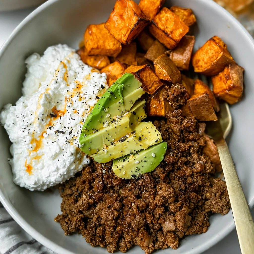 Hot Honey Cottage Cheese Sweet Potato Beef Bowl with avocado and spicy drizzle