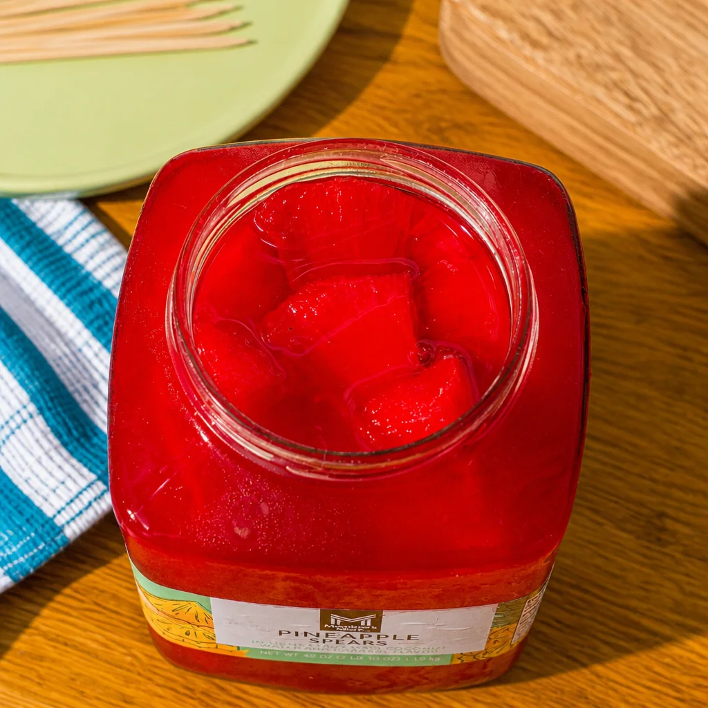 Delicious Kool-Aid Pineapple Spears soaking in Tropical Punch Kool-Aid drink mix