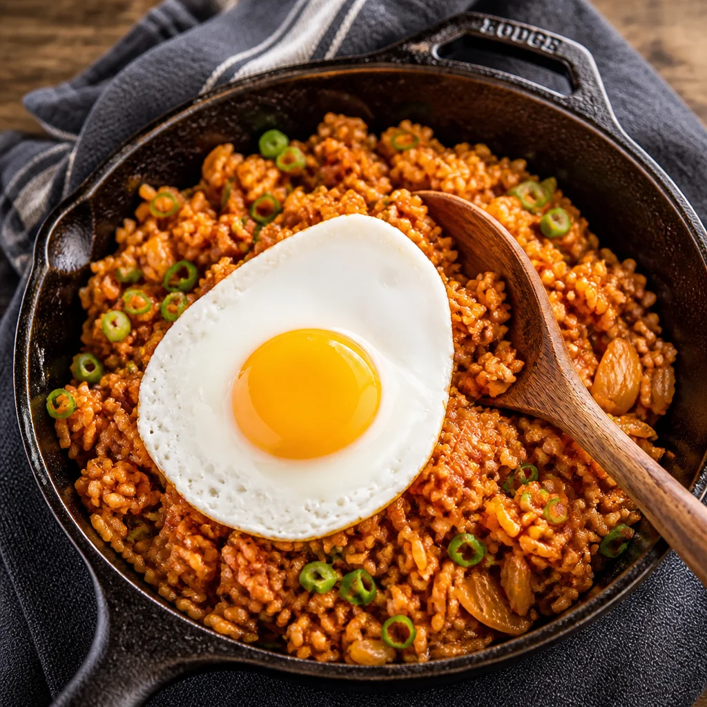 Delicious bowl of Korean Kimchi Fried Rice topped with a fried egg.
