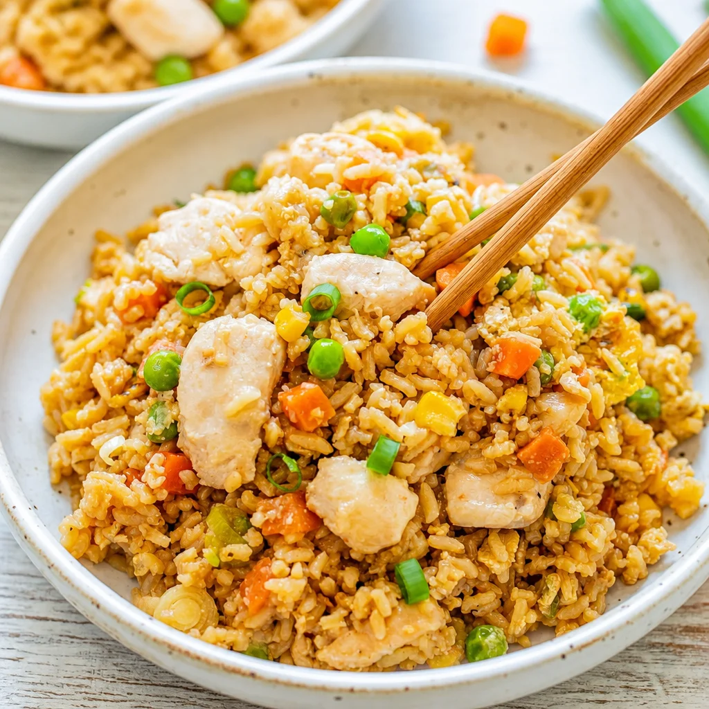 Delicious homemade leftover rice fried rice in a pan with colorful vegetables and chicken.