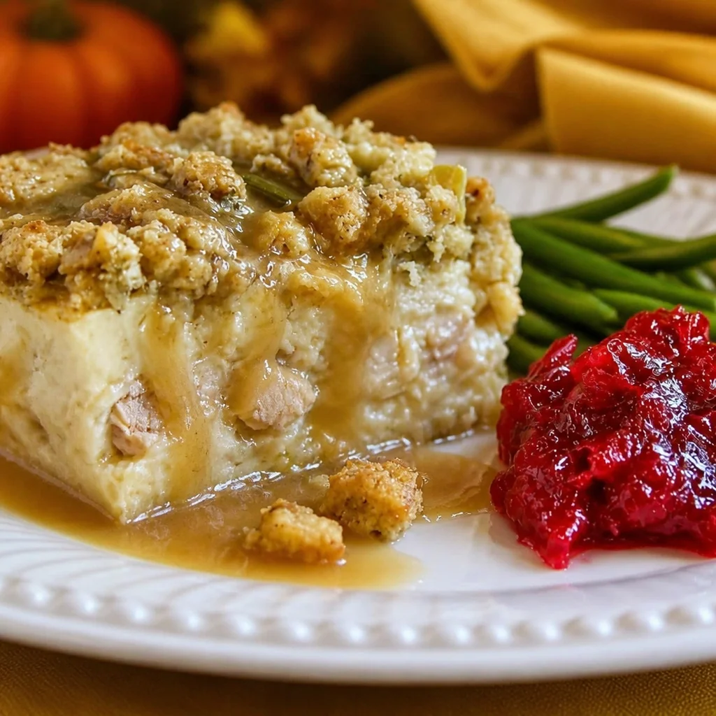 Delicious Leftover Turkey Casserole with Stuffing fresh out of the oven.