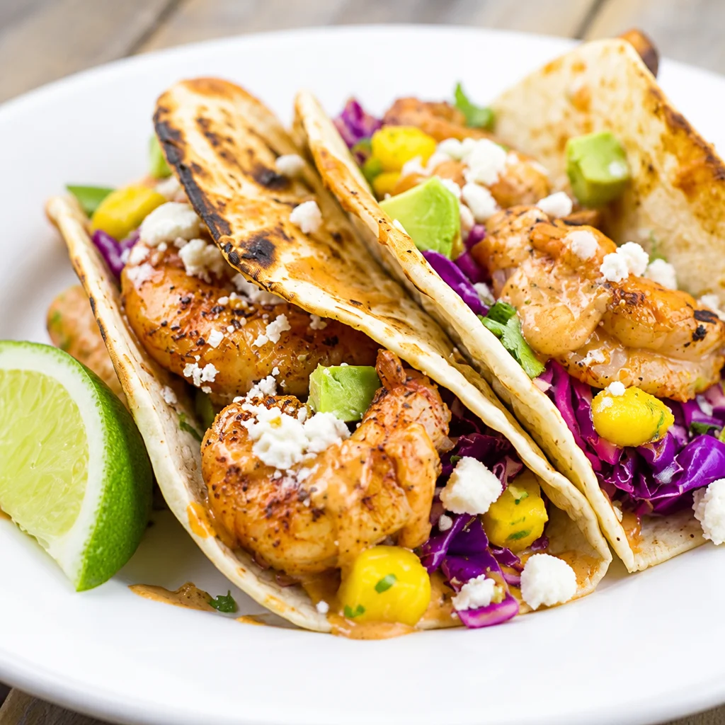 Mango Shrimp Tacos with Slaw on a plate, garnished with avocado and lime.