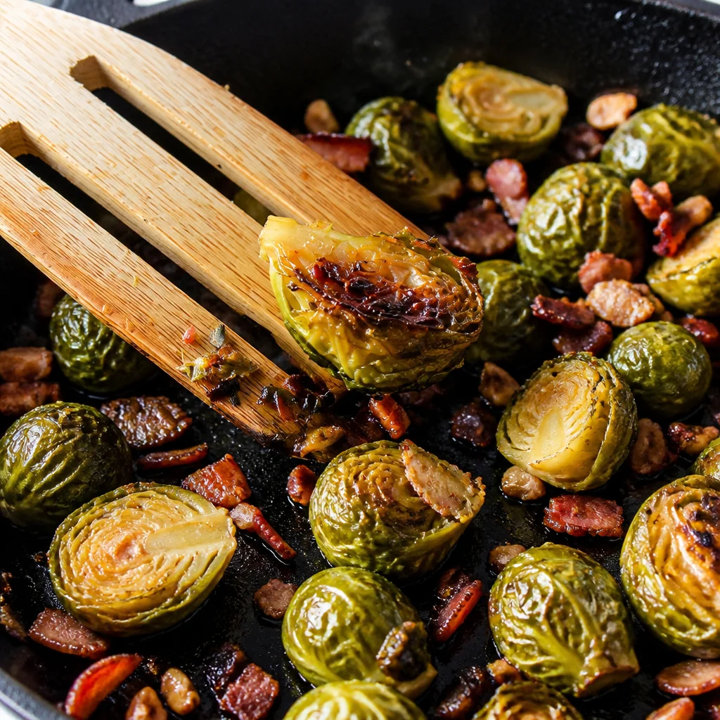 Maple roasted Brussels sprouts with crispy bacon on a serving platter.