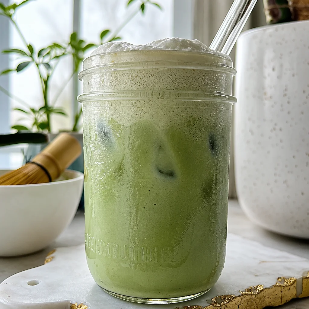 A vibrant Matcha Cold Foam Green Tea Latte served over ice with milk foam on top.