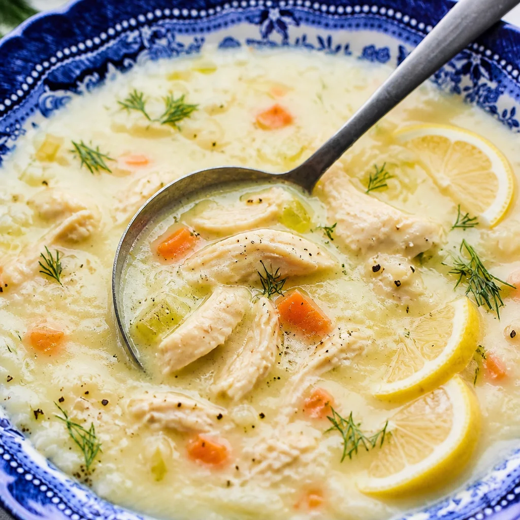 A bowl of Mediterranean Lemon Chicken Soup garnished with fresh herbs and lemon slices.