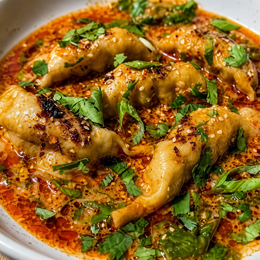 One Pan Dumpling Curry Bake with creamy red curry sauce and herbs.