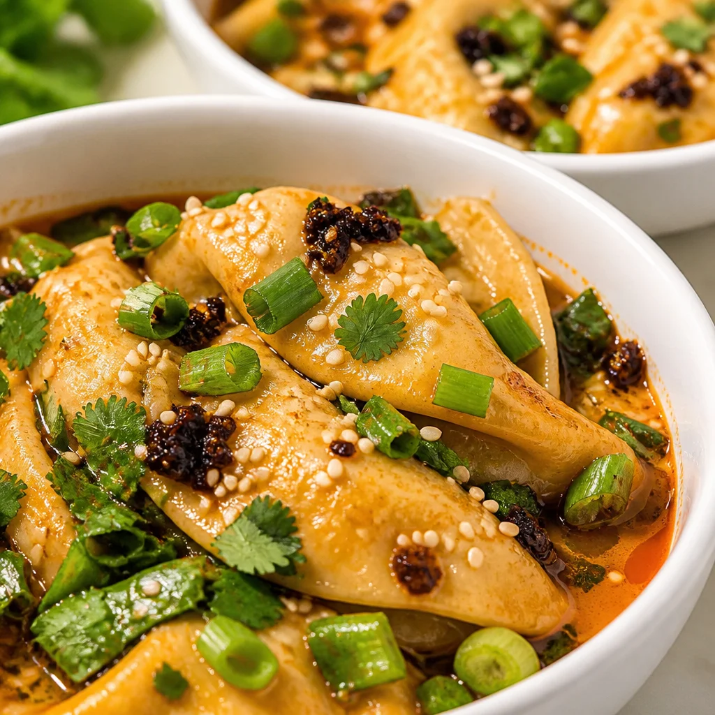 One-Pan Dumpling Curry Bake with creamy broth and herbs on top
