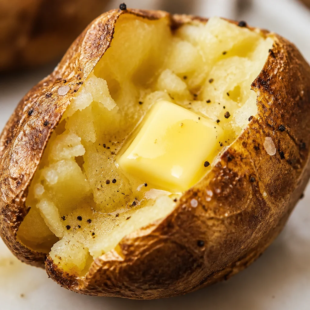 A perfect baked potato with crispy skin and fluffy interior topped with butter.