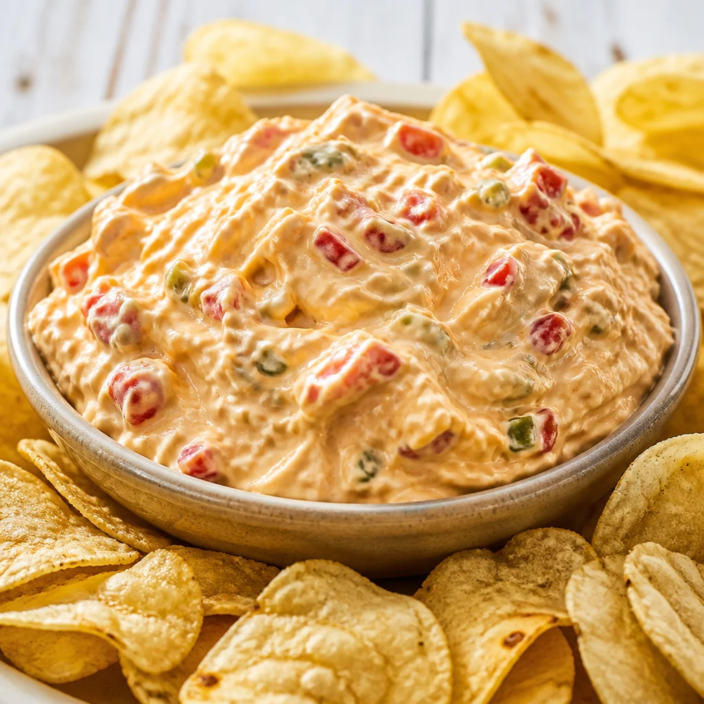 Homemade Pimento Cheese Dip served with crackers on a platter.